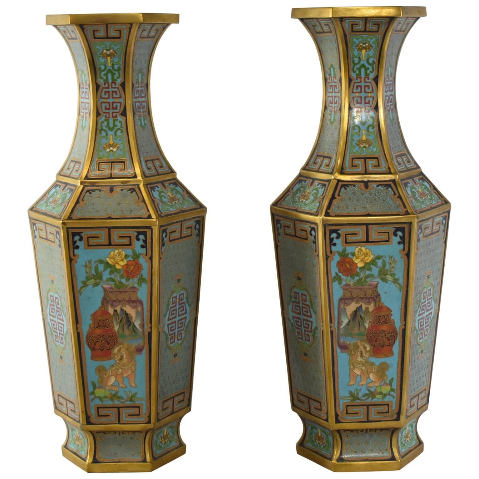 Pair of Antique Cloisonné Gold, Turquoise Hexagon Vases
