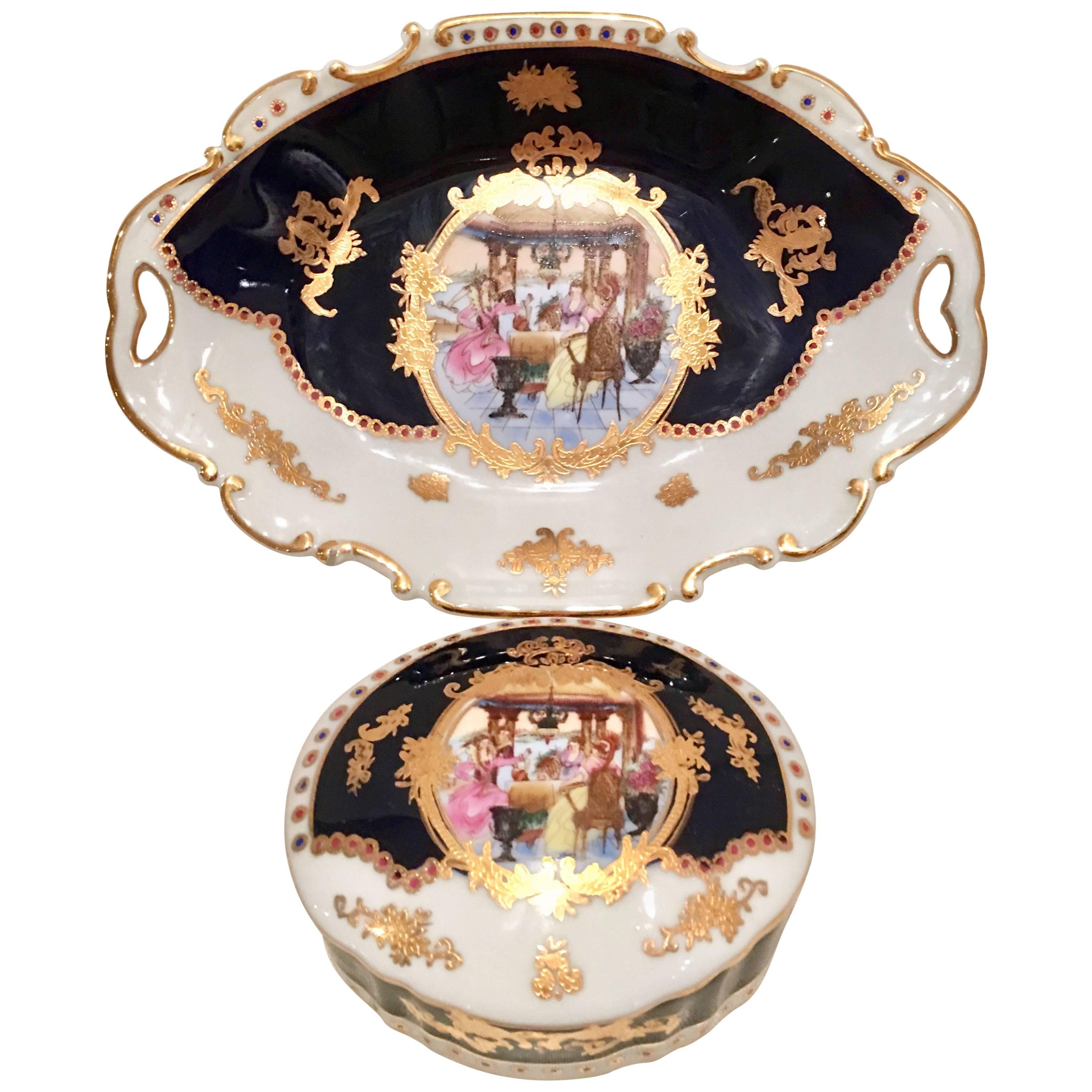 20th Century French Sevres Limoges Style Cobalt & Gold Tray & Box Set of Three