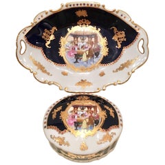 Vintage 20th Century French Sevres Limoges Style Cobalt & Gold Tray & Box Set of Three