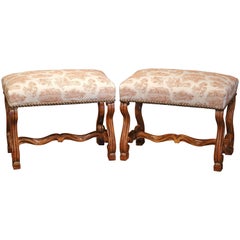 Antique Pair of 19th Century French Louis XIII Carved Walnut Stools with Toile de Jouy