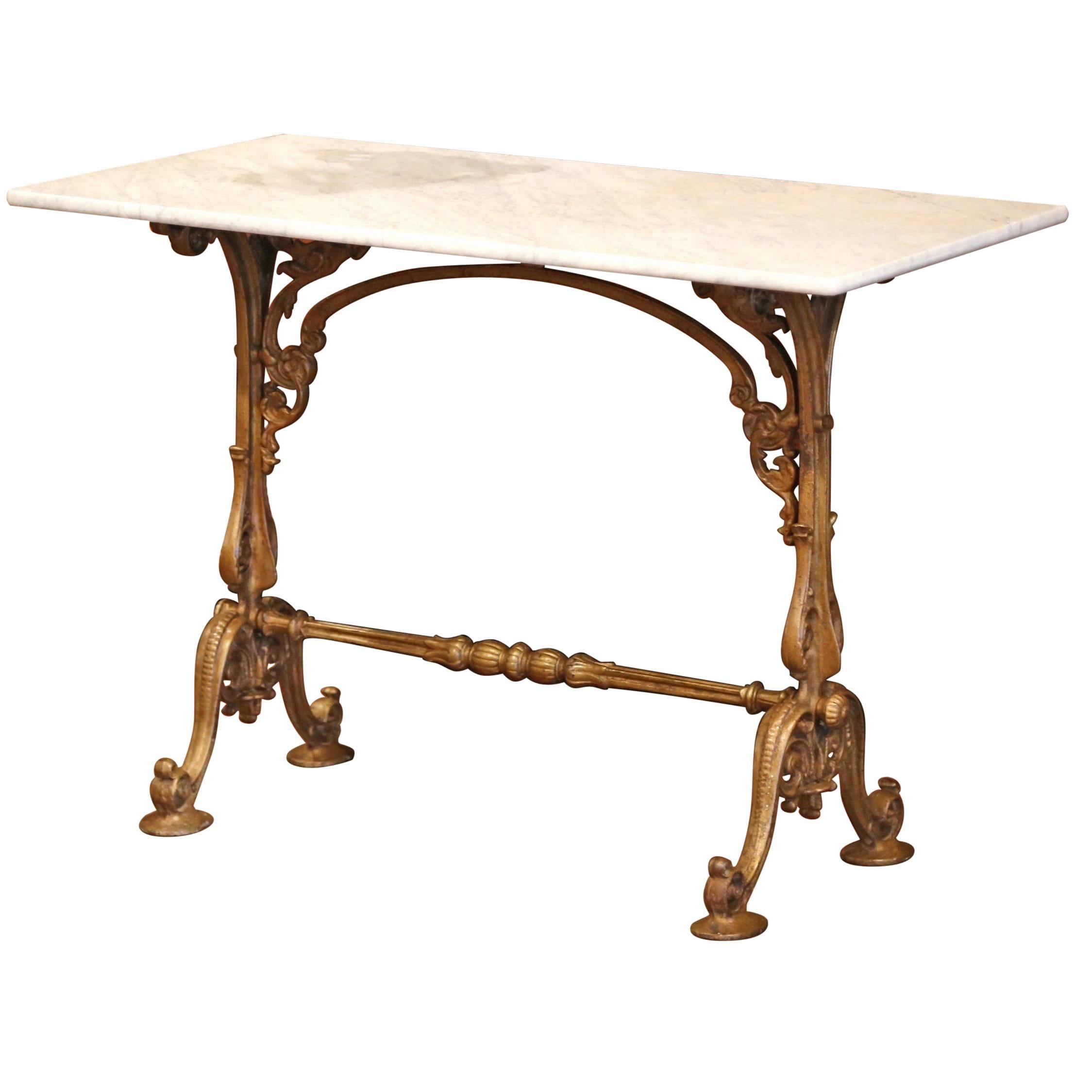 19th Century French Painted Iron Bistrot Table with White and Grey Marble Top