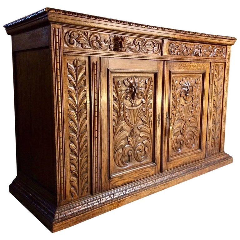 Antique Sideboard Credenza Buffet Green Man Solid Oak Victorian, 19th