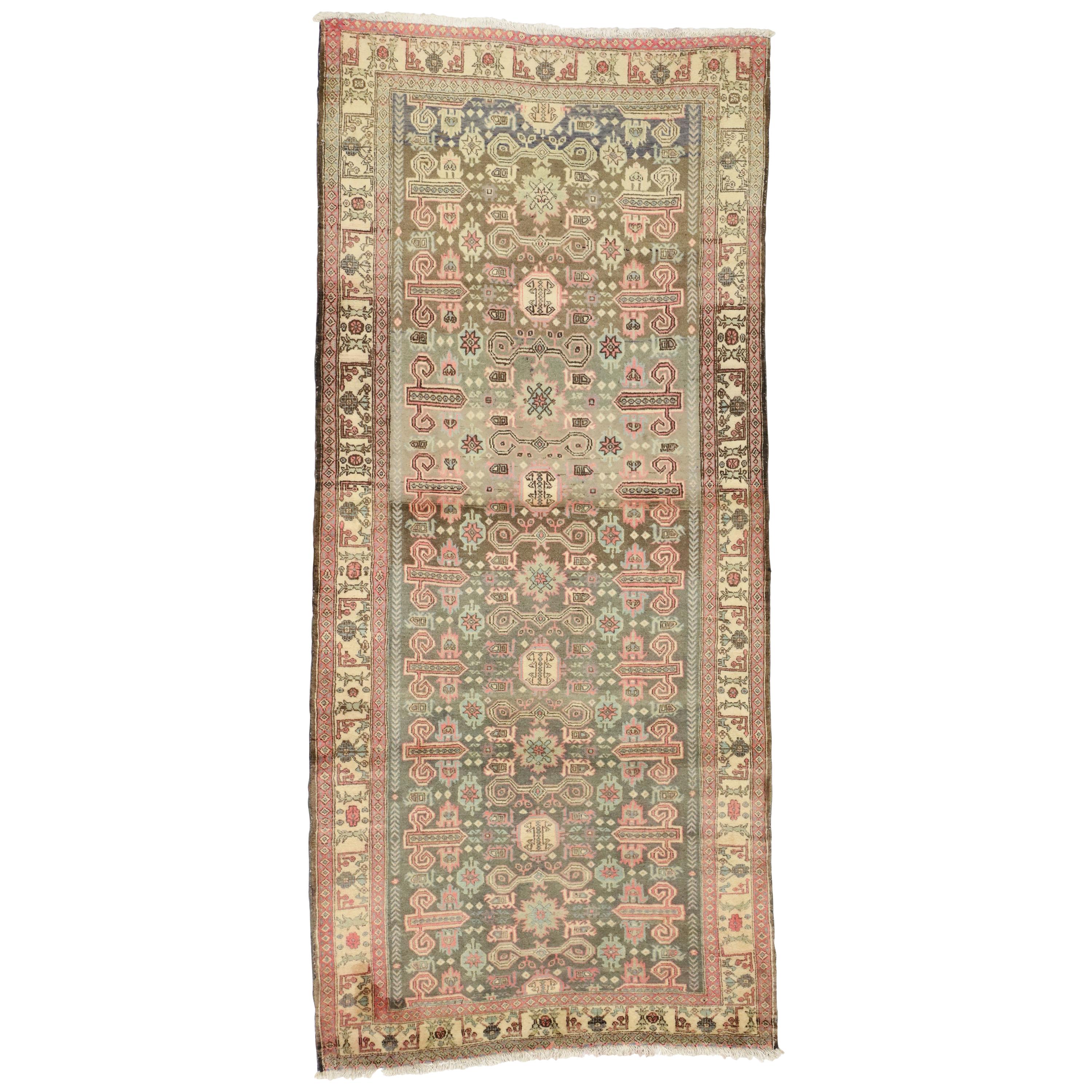 Vintage Persian Azerbaijan Hallway Runner with Warm, Bohemian Bungalow Style