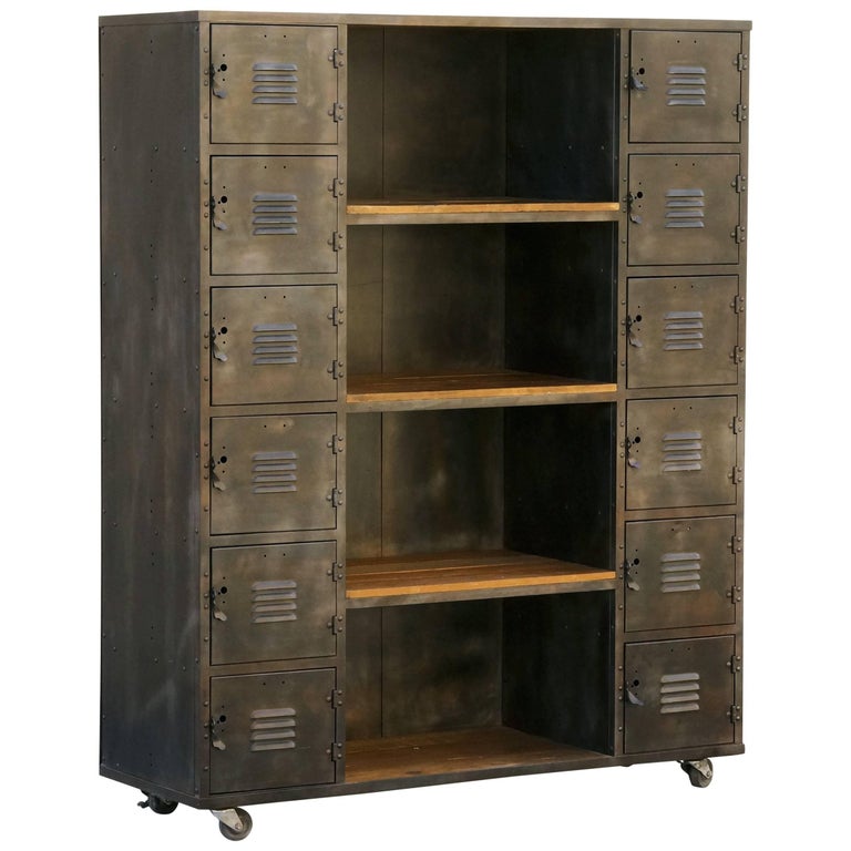 TwoColumn Wood and Steel Locker Storage and Shelf Unit at 1stDibs