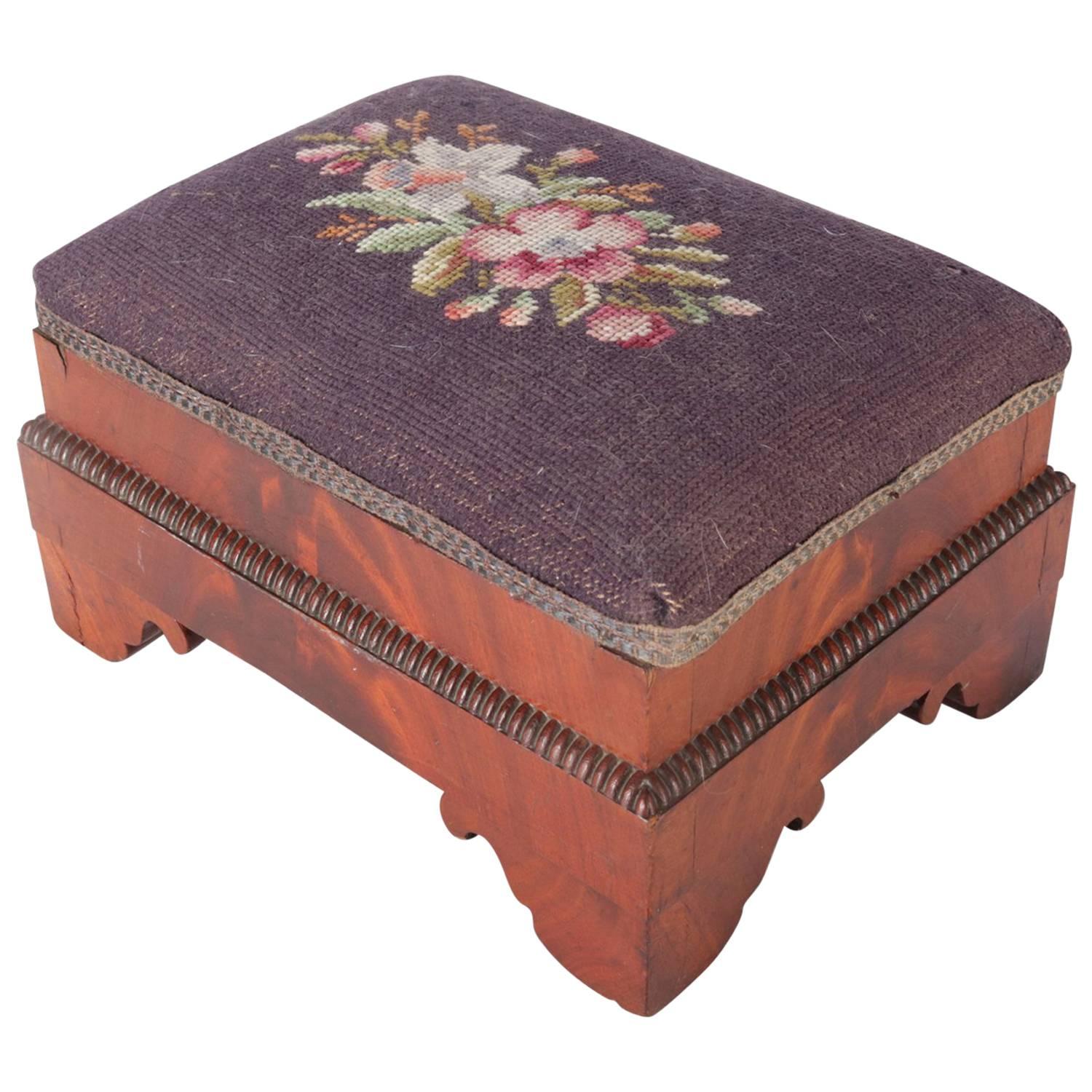 Antique American Empire Flame Mahogany Floral Needlepoint Foot Stool, circa 1850