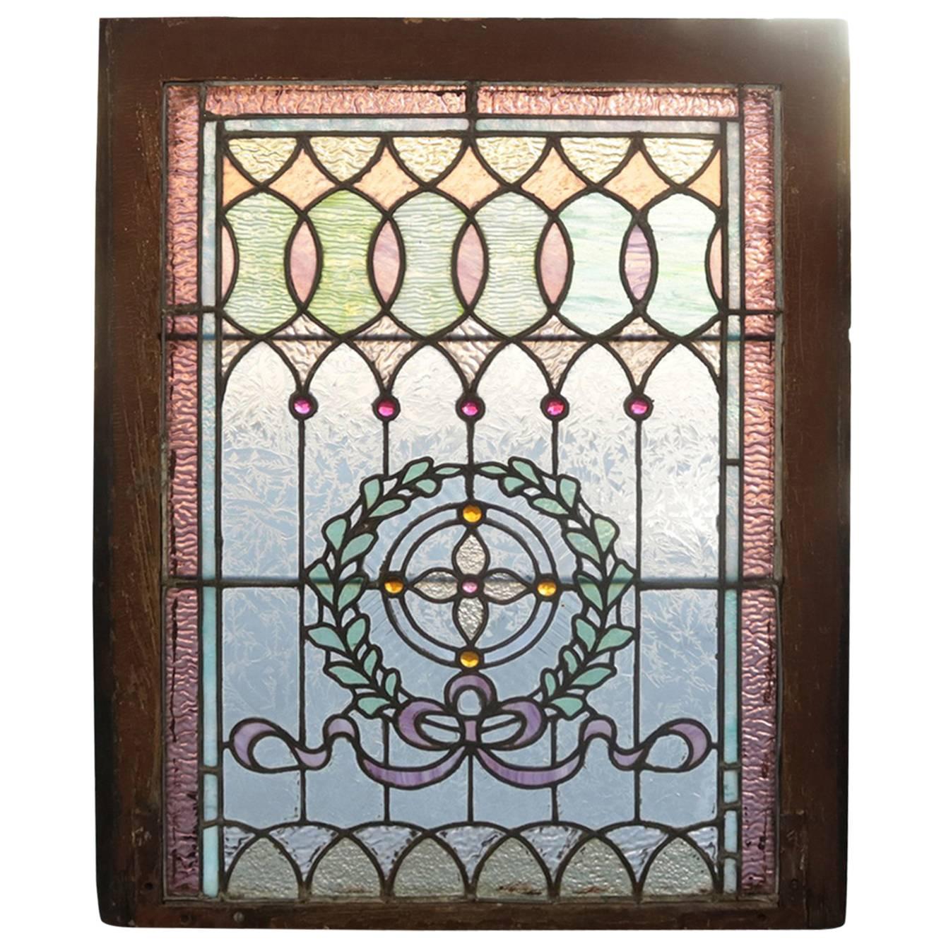 Architectural Leaded Stained & Jewelled Glass Window, Laurel Wreath, circa 1880