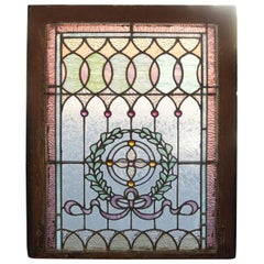 Antique Architectural Leaded Stained & Jewelled Glass Window, Laurel Wreath, circa 1880