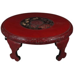 Chinese Carved Vermilion Lacquered Coffee Low Table, Floral Medallion circa 1920