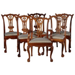 Six Baker School Carved Mahogany Chippendale Style Ribbon Back Dining Chairs