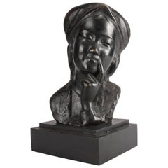 Japanese Bronze Portrait Bust Sculpture of Pensive Young Girl, Wood Base