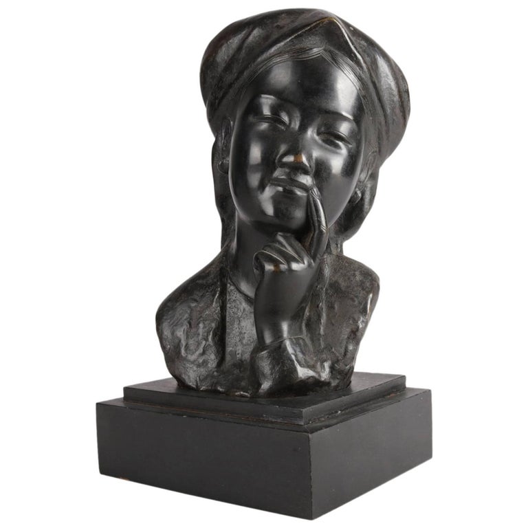 Japanese Bronze Portrait Bust Sculpture of Pensive Young Girl, Wood