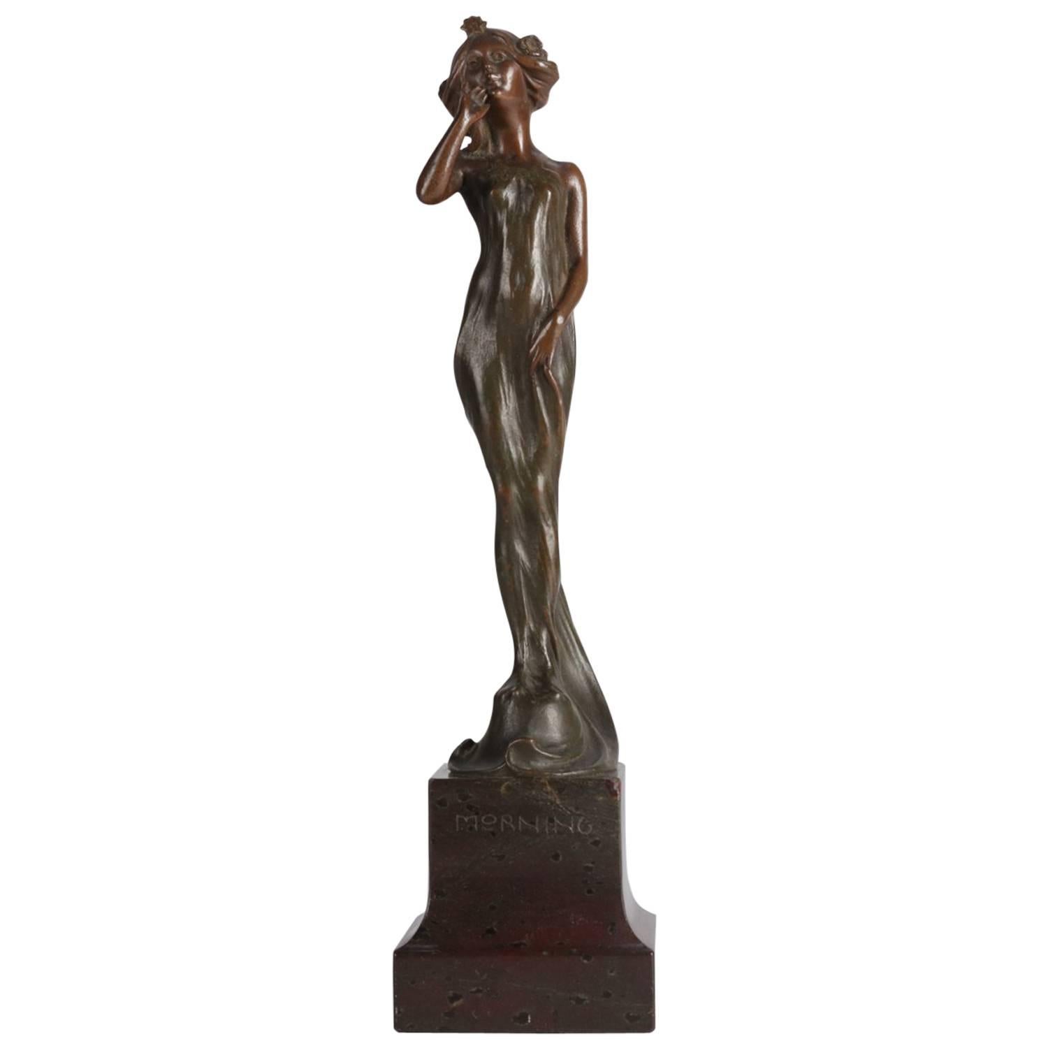 Art Deco Bronze Mucha Style Portrait Sculpture "Morning" of Woman, Marble Base