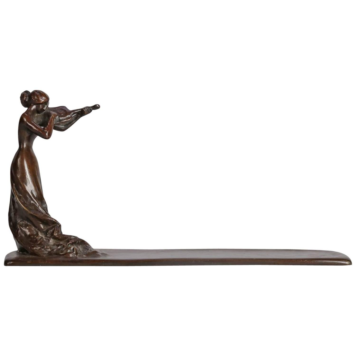 Art Deco Figural Bronze Female Musician Violinist Portrait Sculpture Tray