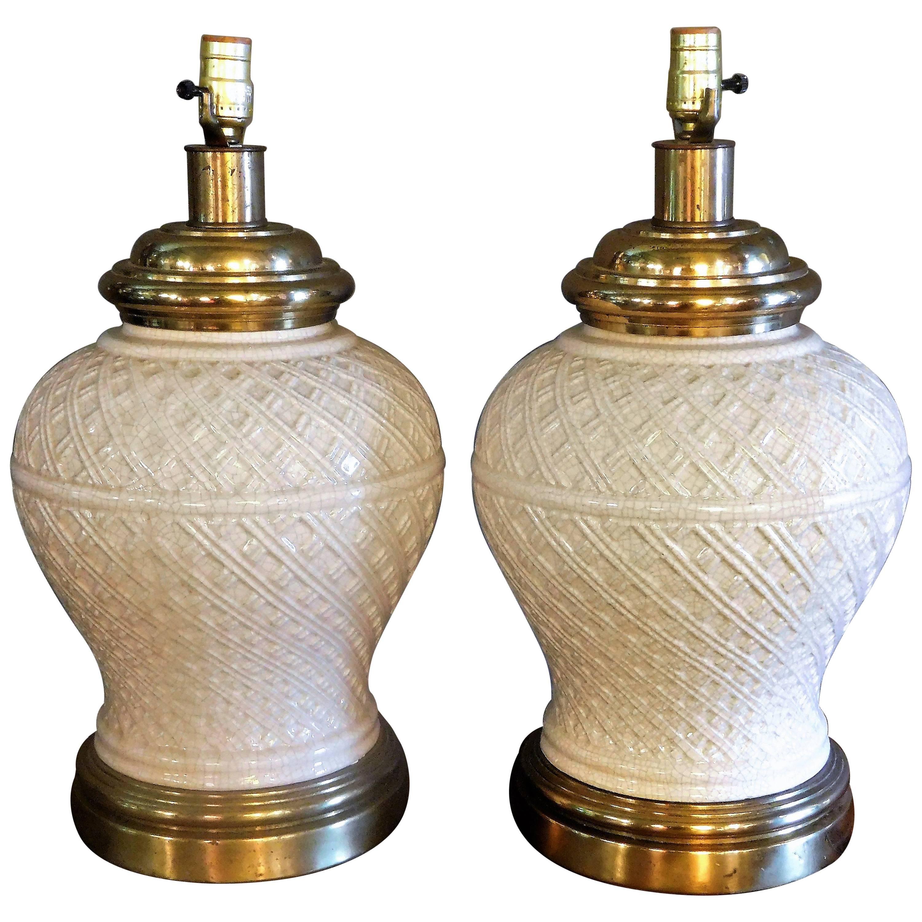 Pair of Ceramic Basket-Weave Paul Hanson Lamps with Ivory Crackle Glaze, 1955 For Sale