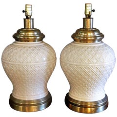 Pair of Ceramic Basket-Weave Paul Hanson Lamps with Ivory Crackle Glaze, 1955