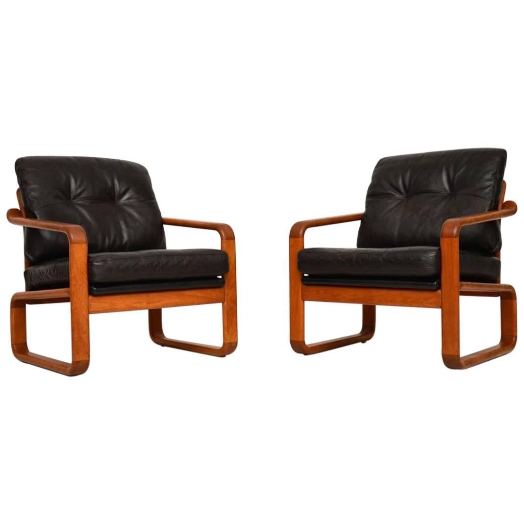1960s Pair of Danish Leather and Teak Armchairs