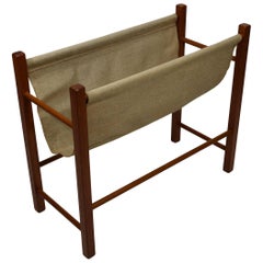 Danish Midcentury Magazine Rack with Canvas Sling, Teak Frame