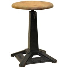 1940s Black Metal and Wood Vintage Industrial Singer Factory Work Stool