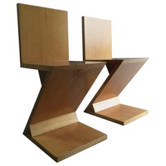 Pair of Gerrit Rietveld Design Zig Zag Chairs, Mid-Century Modern Birch