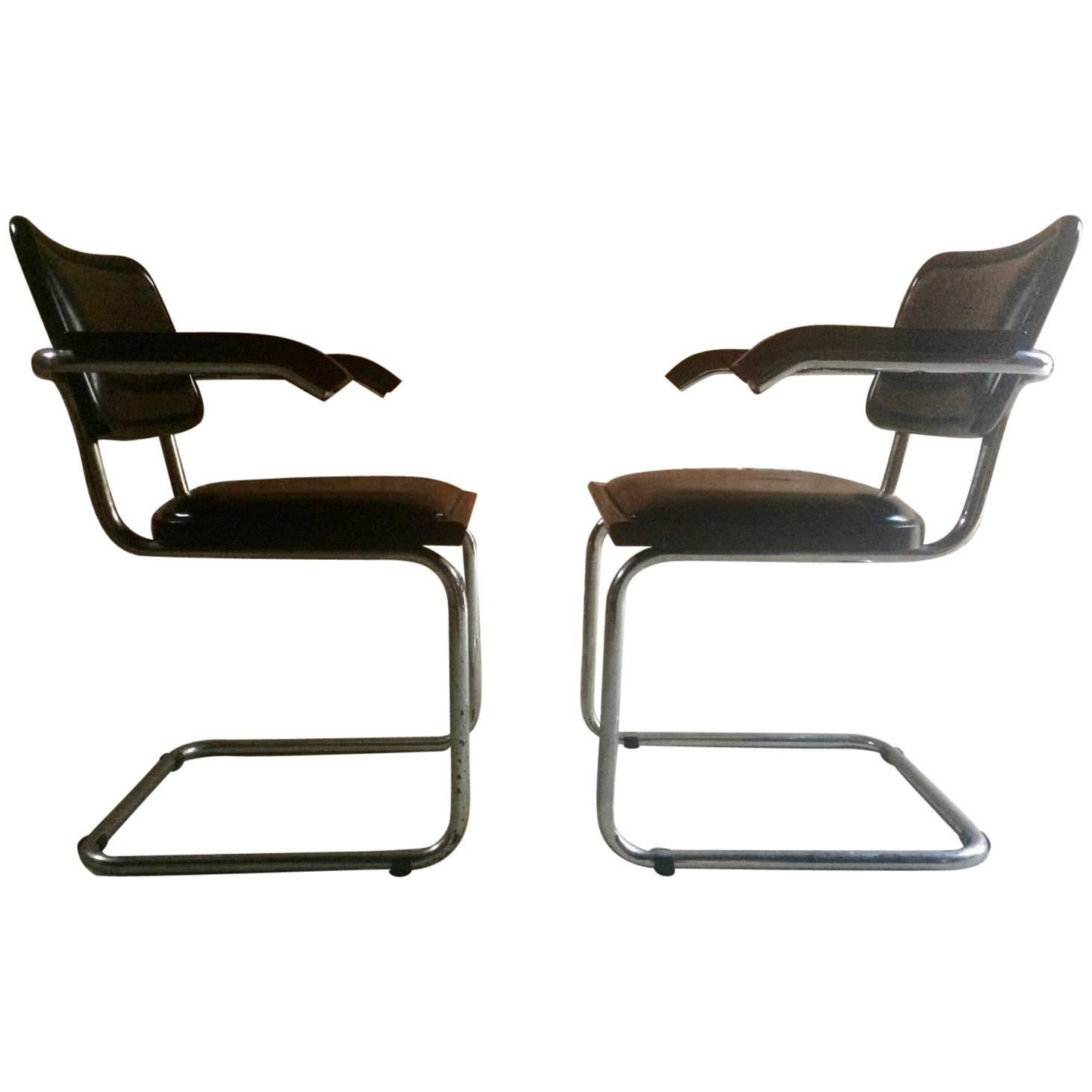 Pair of Mart Stam Design Cantilever Chairs, 1960s Original Leather and Chrome