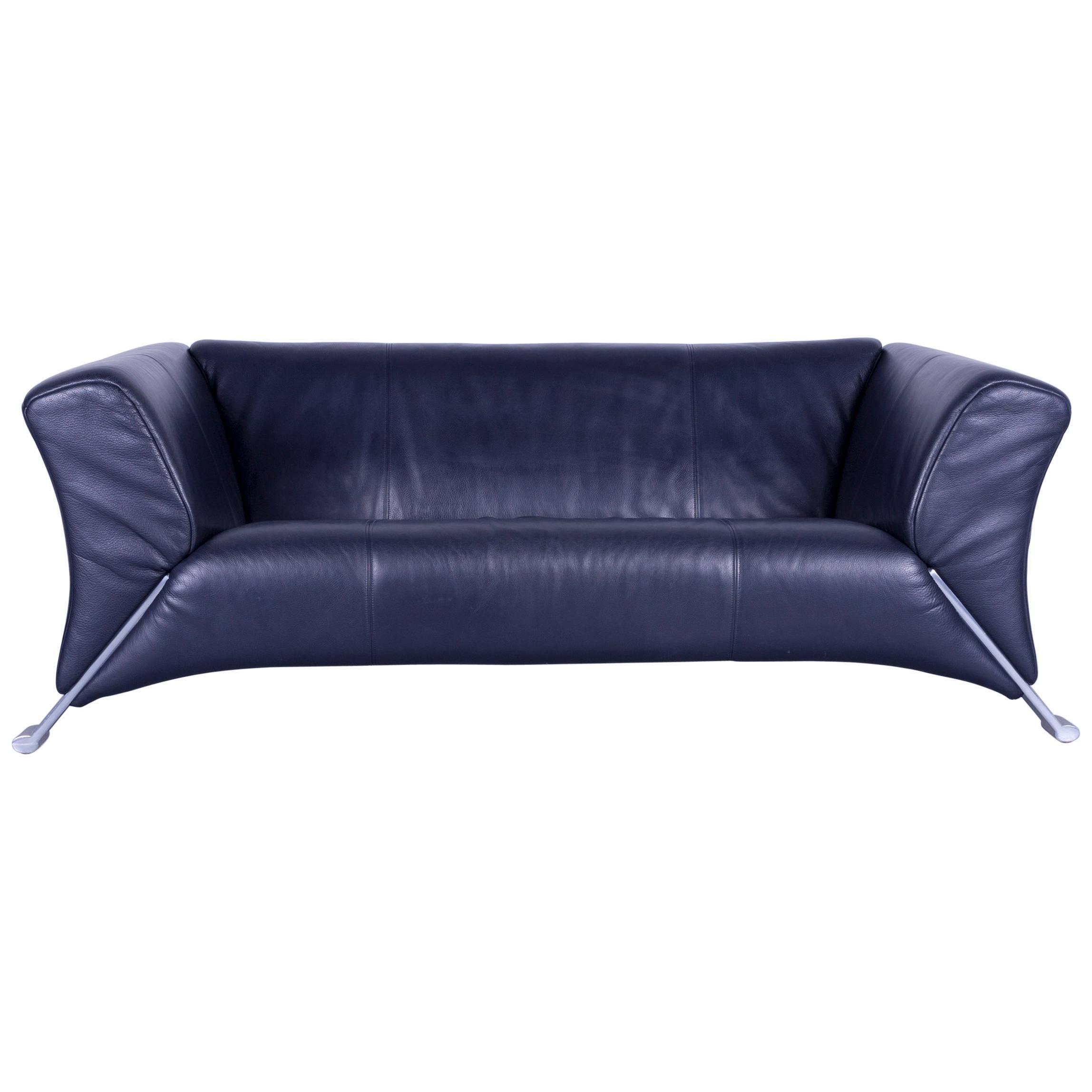 Rolf Benz 322 Designer Sofa Blue Two-Seat Leather Modern Couch Metal Feet For Sale