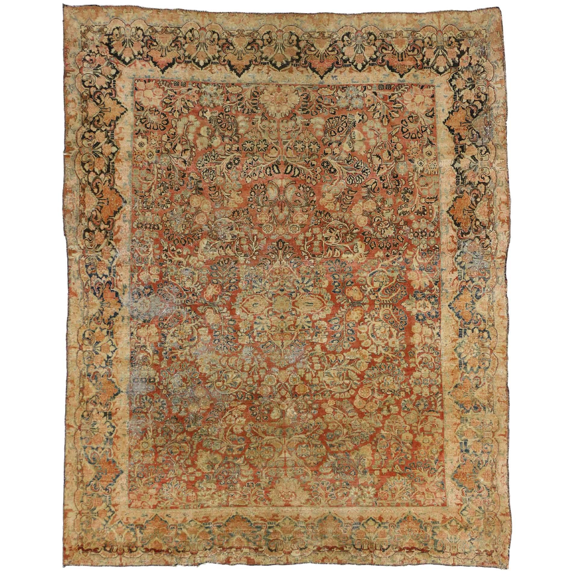 Distressed Antique Persian Sarouk Rug with Rustic Arts & Crafts Style For Sale