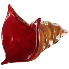 21th Century Murano Glass Sea Shell Sculpture Red and Gold Leaf 24-Karat