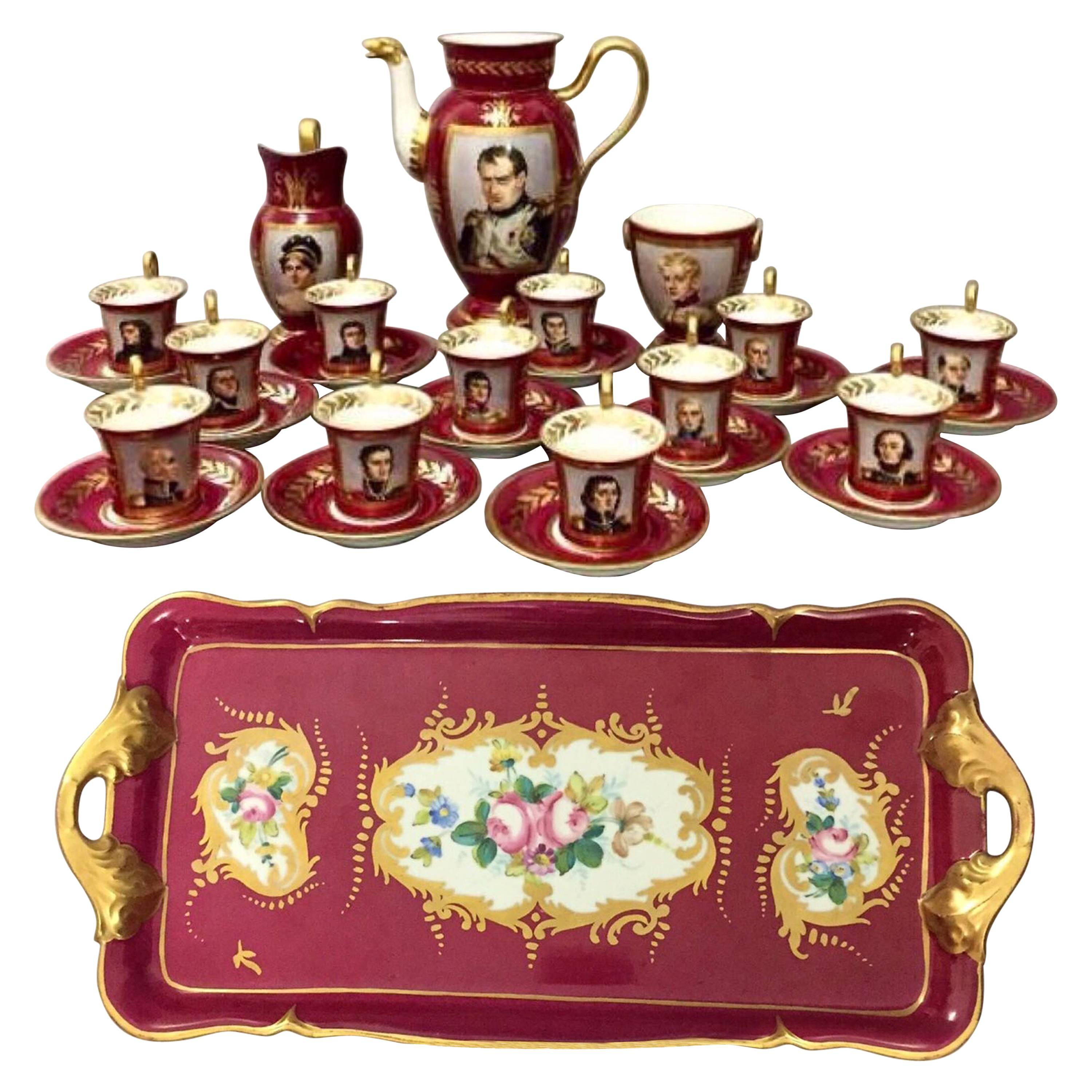 19th Century, Paris Porcelain Tea Set Featuring Napoleonic Portraits with Tray