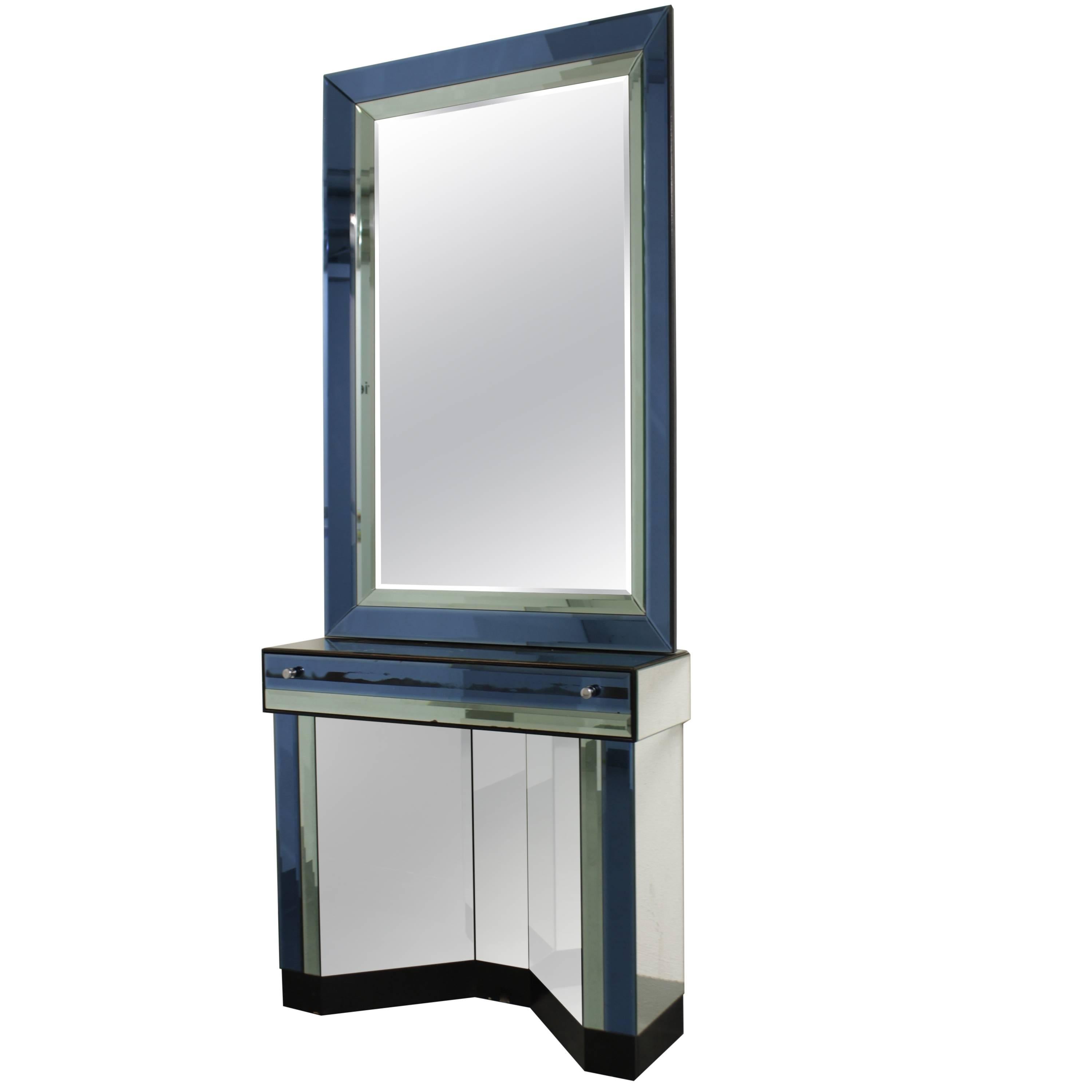 Vintage Italian Blue Glass Mirror and Console For Sale