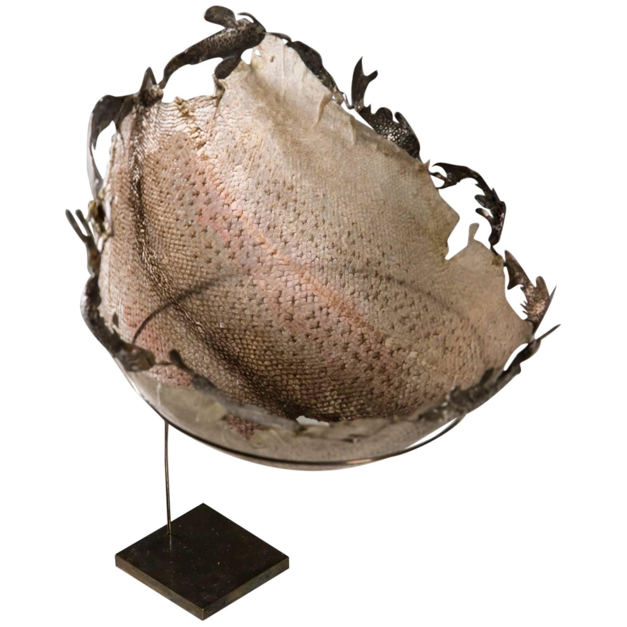 Suspended Together, Fish Leather Bowl with Silver Fish Crown, on Stand For Sale
