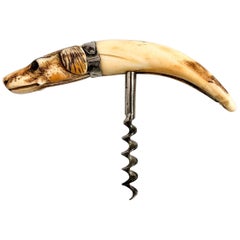 Rare Carved Hunting Dog Corkscrew with Sterling Silver Mounts, circa 1890