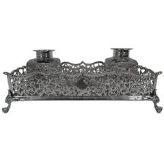 Antique English Sterling Silver Double Inkwell Stand