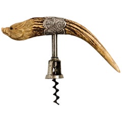 Antique Carved Antler Pig, Sterling Silver Mounted Corkscrew, circa 1890