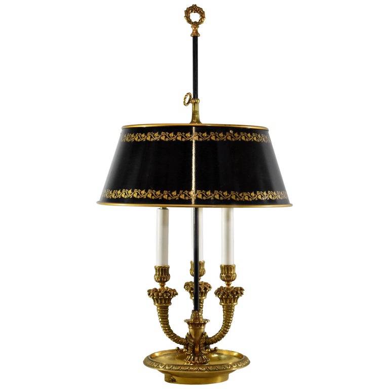Brass Bouillote Desk Lamp with Black and Gold Tole Shade and Three