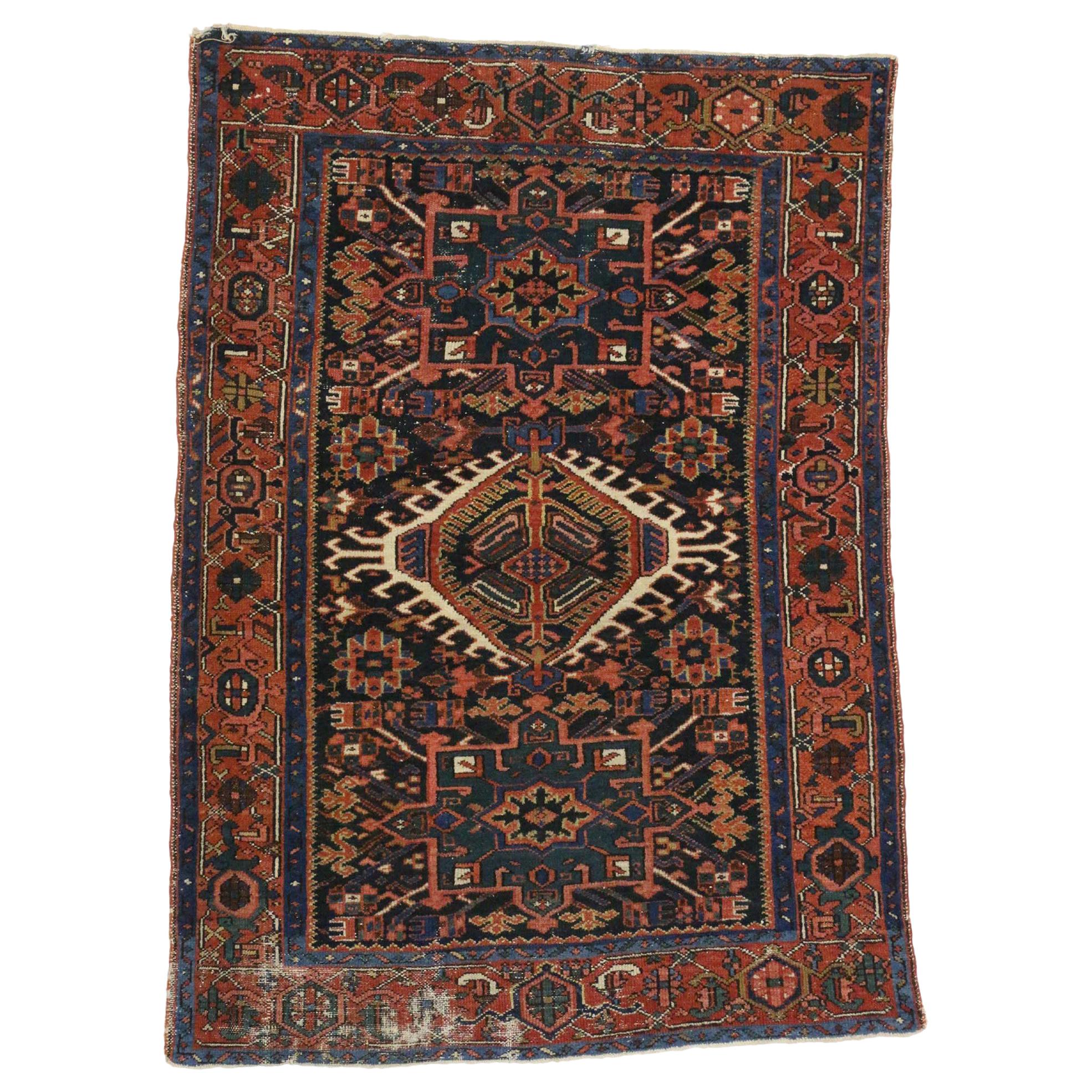 Distressed Antique Persian Karaja Heriz Rug, Study or Office Worn Rug For Sale