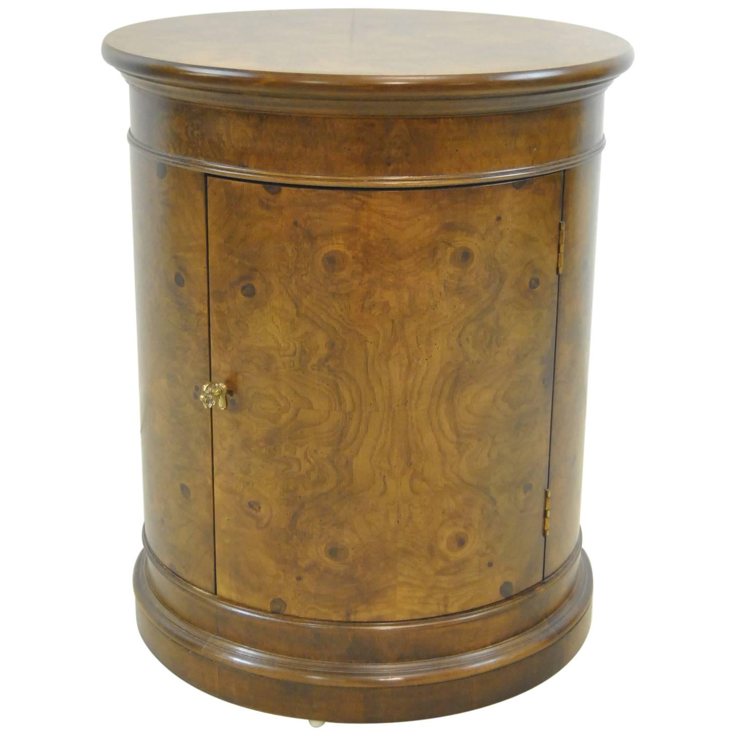 Burled Walnut Round Pedestal Storage Stand or Table by Henredon For Sale