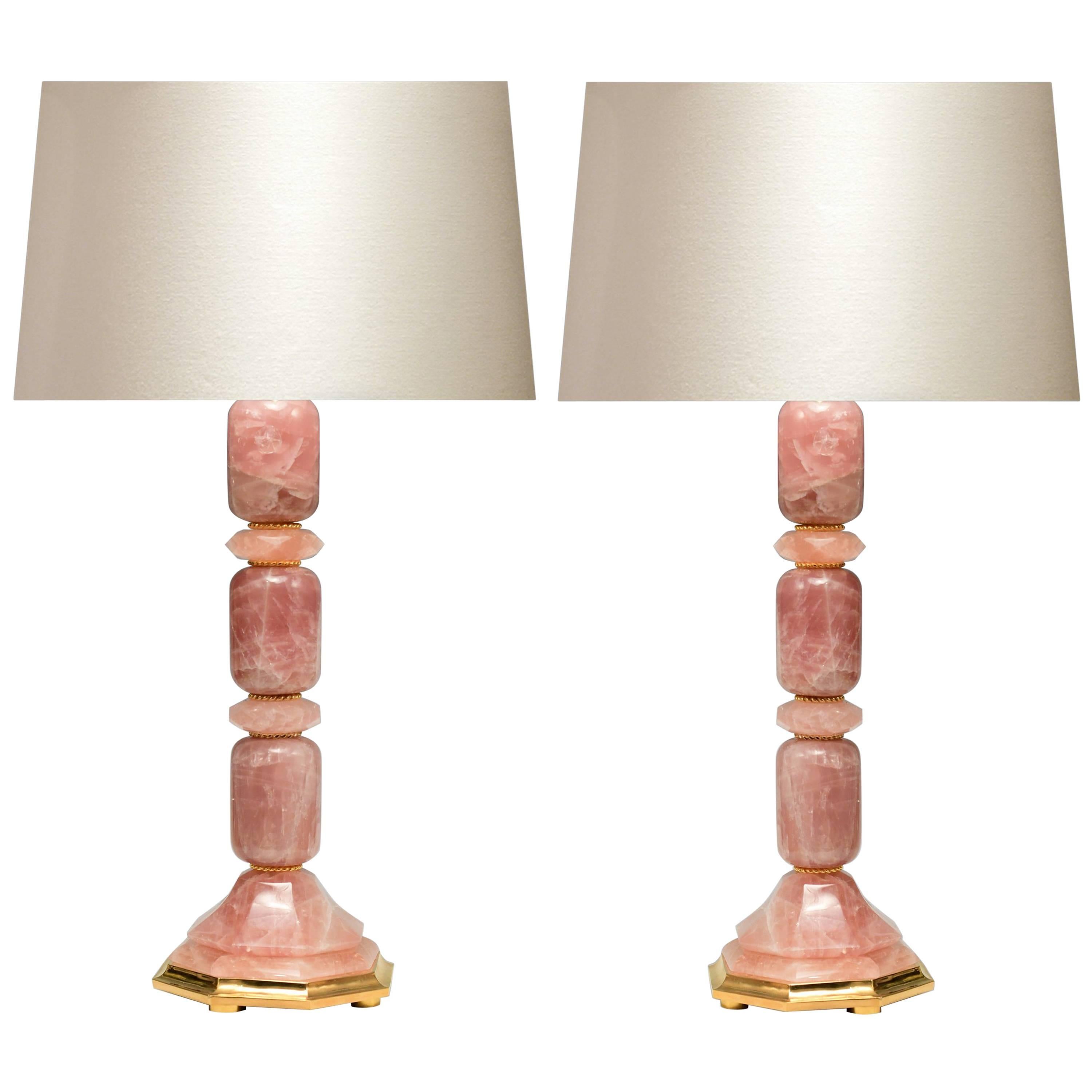 Pair of Modern Rose Rock Crystal Quartz Table Lamps