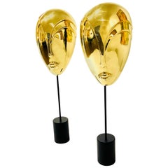 Decorative Pair of Brass Masks Sculptures Alien Faces Art Deco on Stands