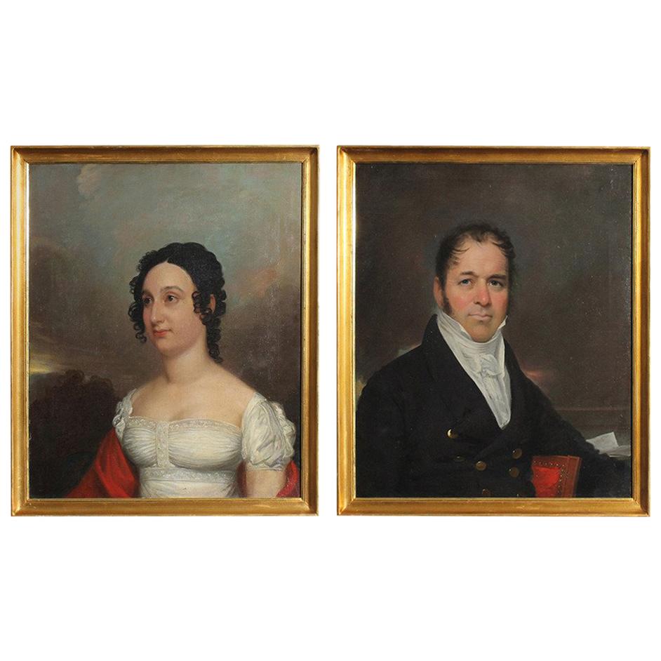 Pair of Oil on Canvas Early 19th Century Portraits of a Man and Woman