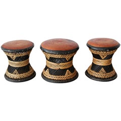 Woven Leather and Wicker Stools