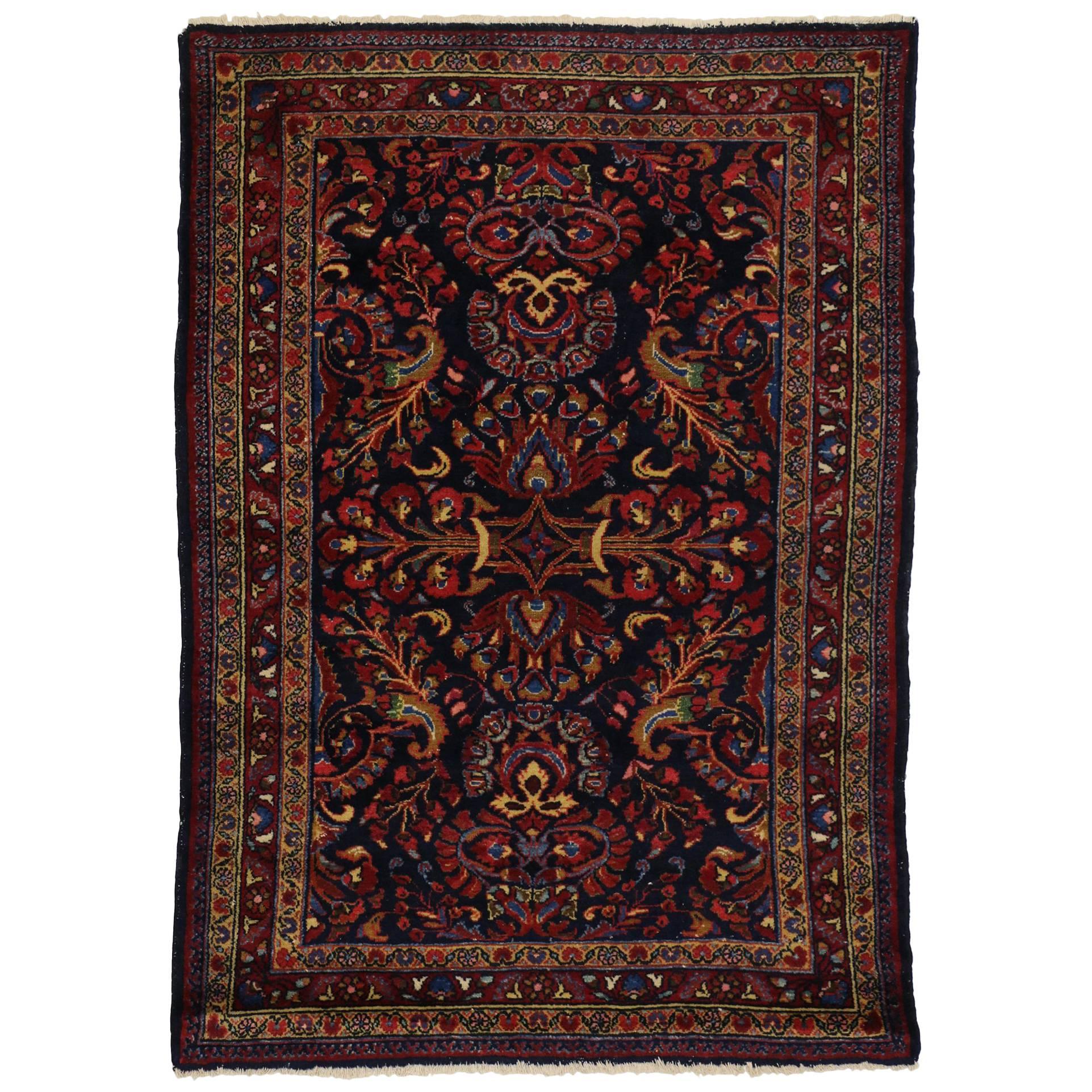 Antique Persian Lilihan Accent Rug with Traditional Floral Motif