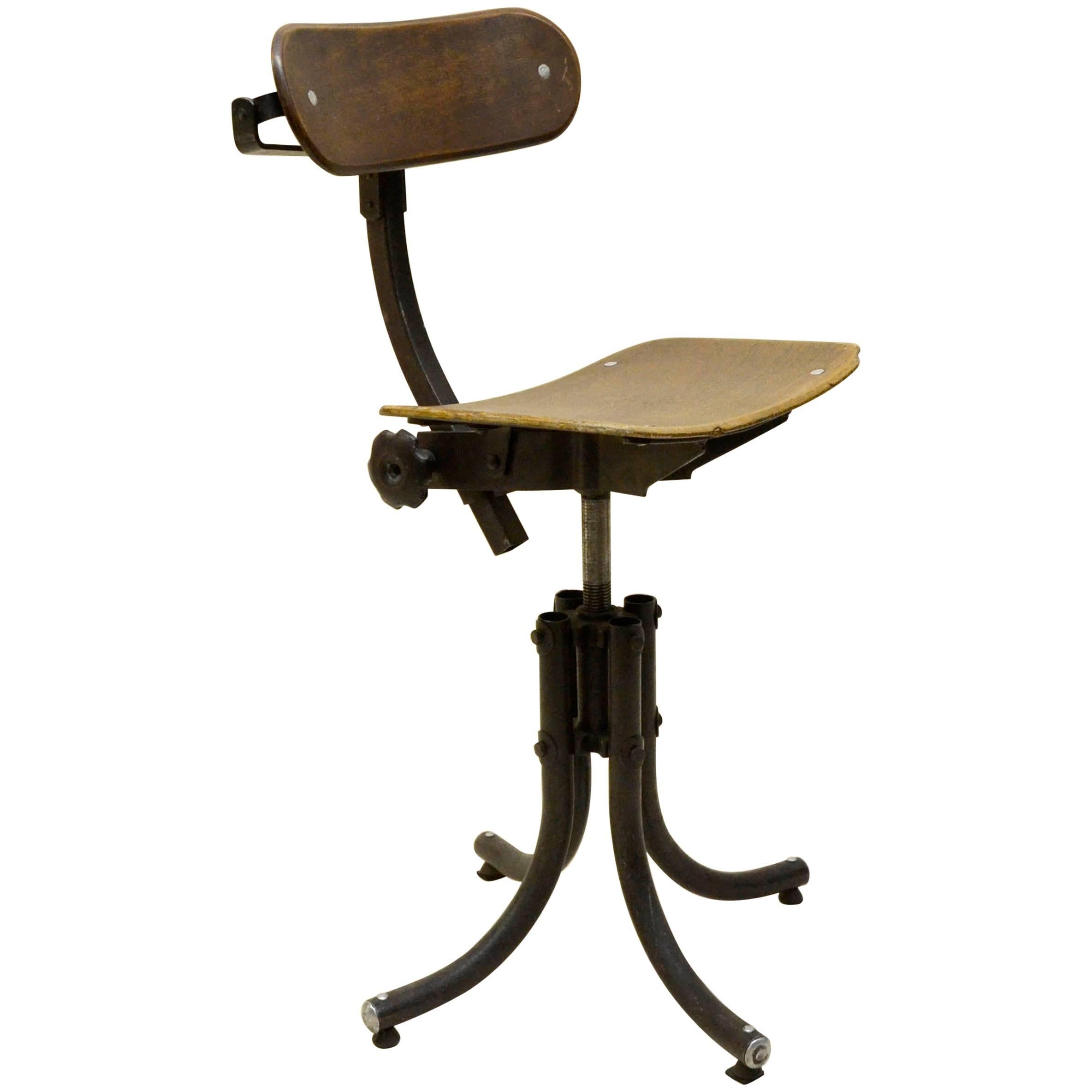 French Bienaise Chair in Metal and Wood Swivelling and Adjustable in Height For Sale