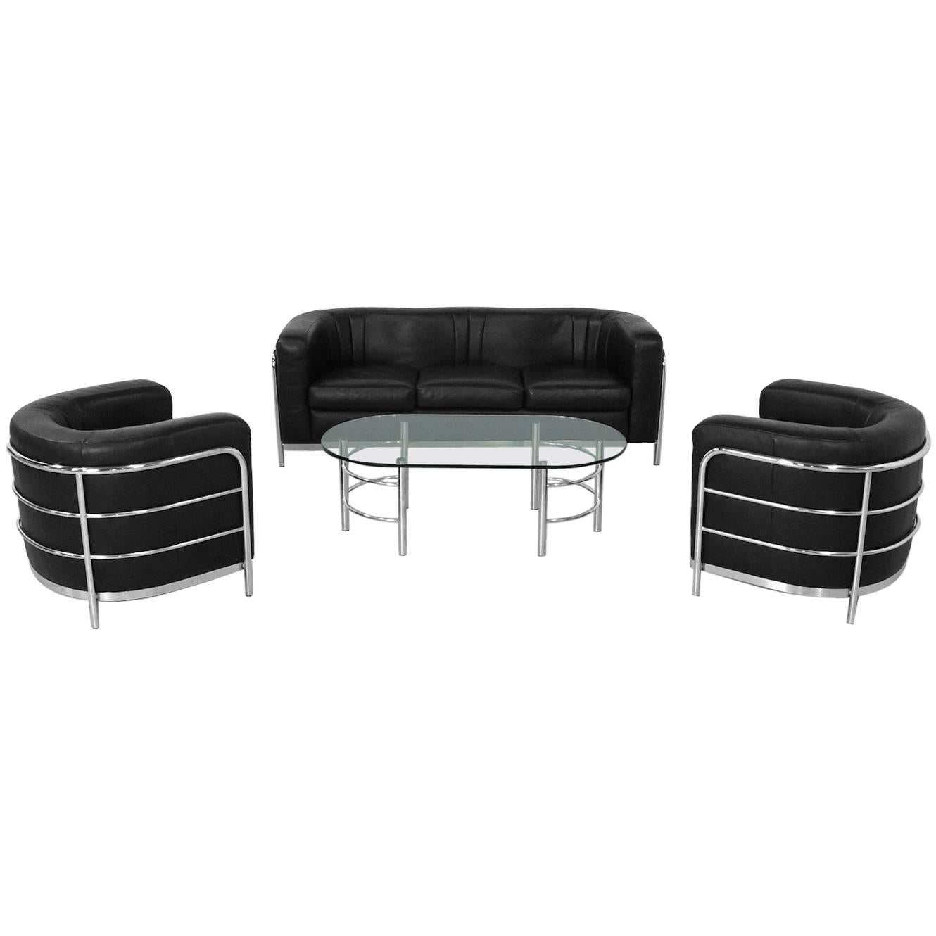 Black Leather Onda Sofa Set Zanotta 3+1+1 and Coffee Table For Sale