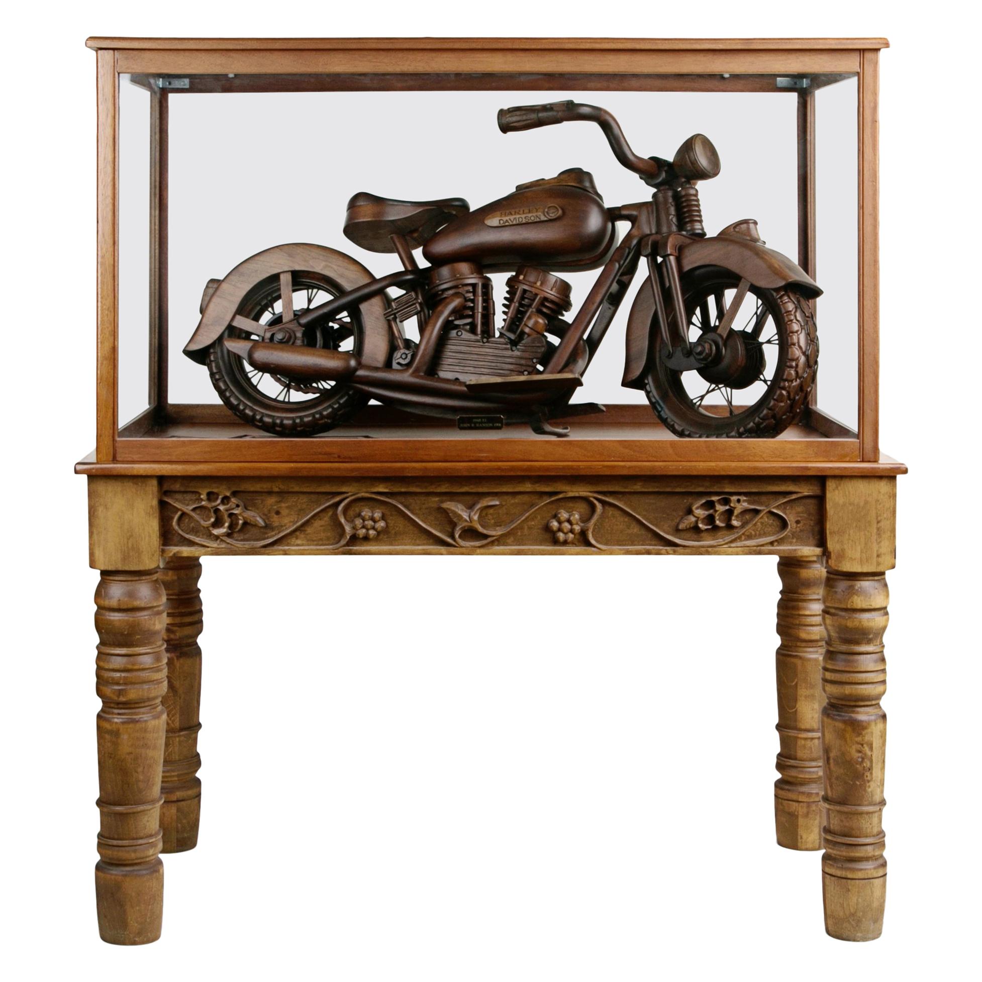 Large-Scale Carved Wood 1948 EL Panhead Harley Davidson with Display Case