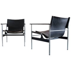 Pair of Vintage Leather Charles Pollack Lounge Chairs in Black Leather for Knoll