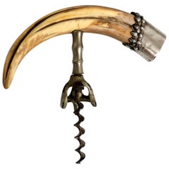 Antique Sterling Silver Mounted Corkscrew with Boar's Tusk Handle, circa 1890