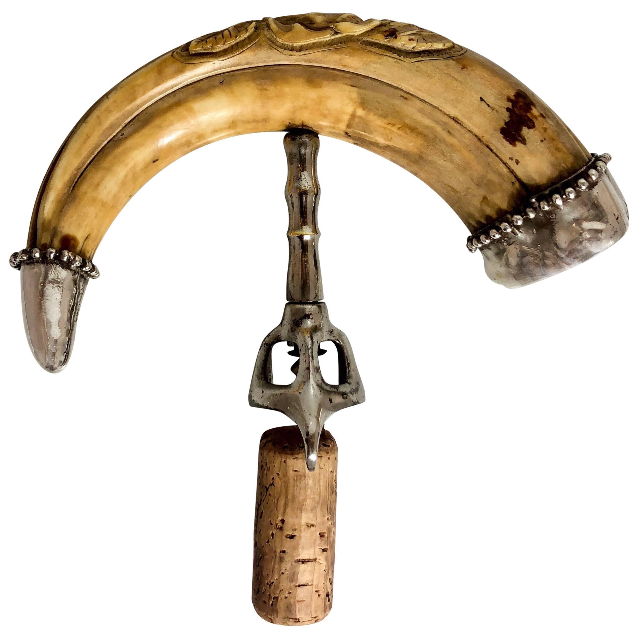 Antique Carved Boar Tusk Corkscrew with Sterling Silver Mounts, circa 1880-1890