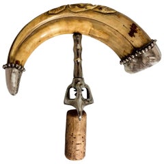 Antique Carved Boar Tusk Corkscrew with Sterling Silver Mounts, circa 1880-1890