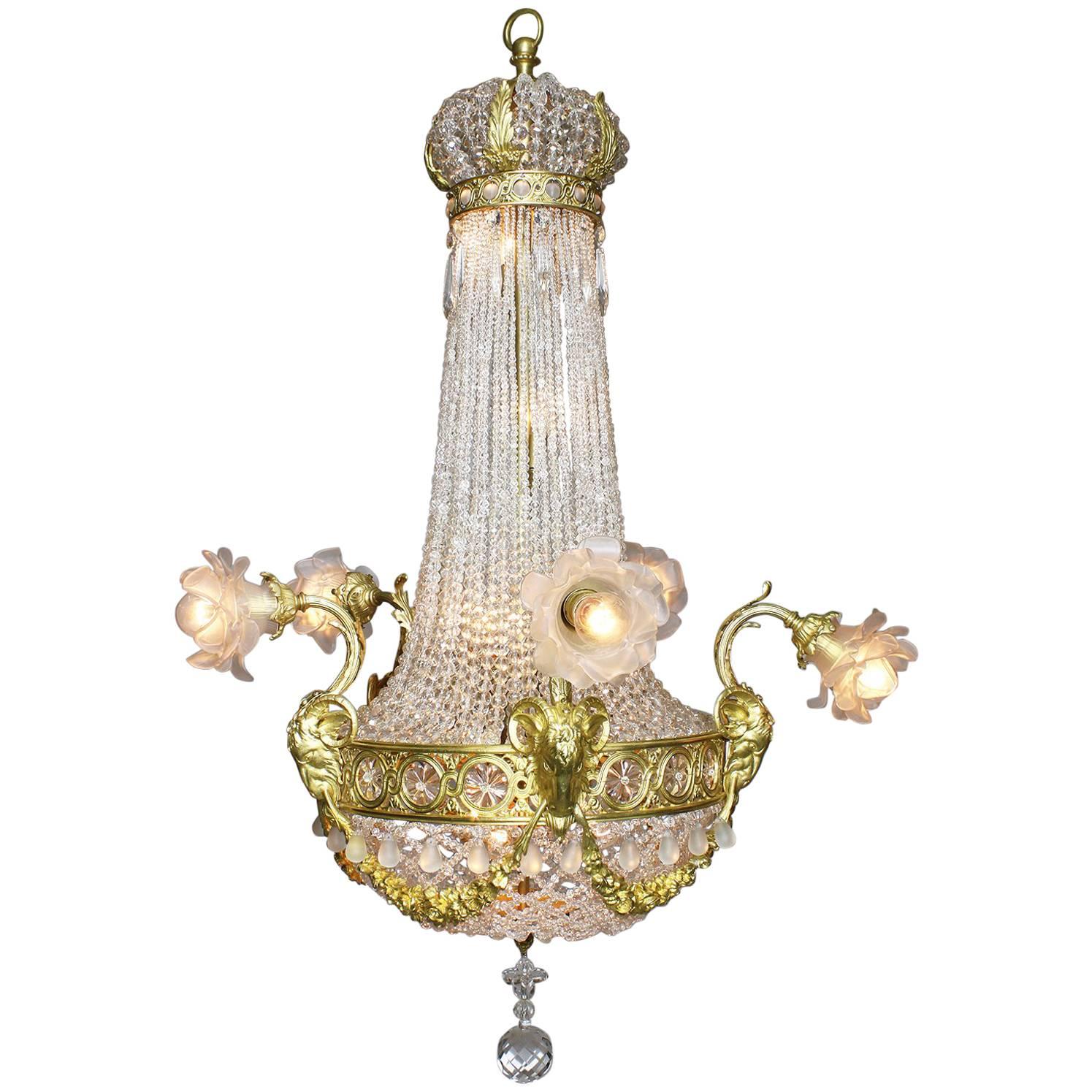 French 19th-20th Century Louis XVI Style Gilt-Bronze and Beaded Glass Chandelier