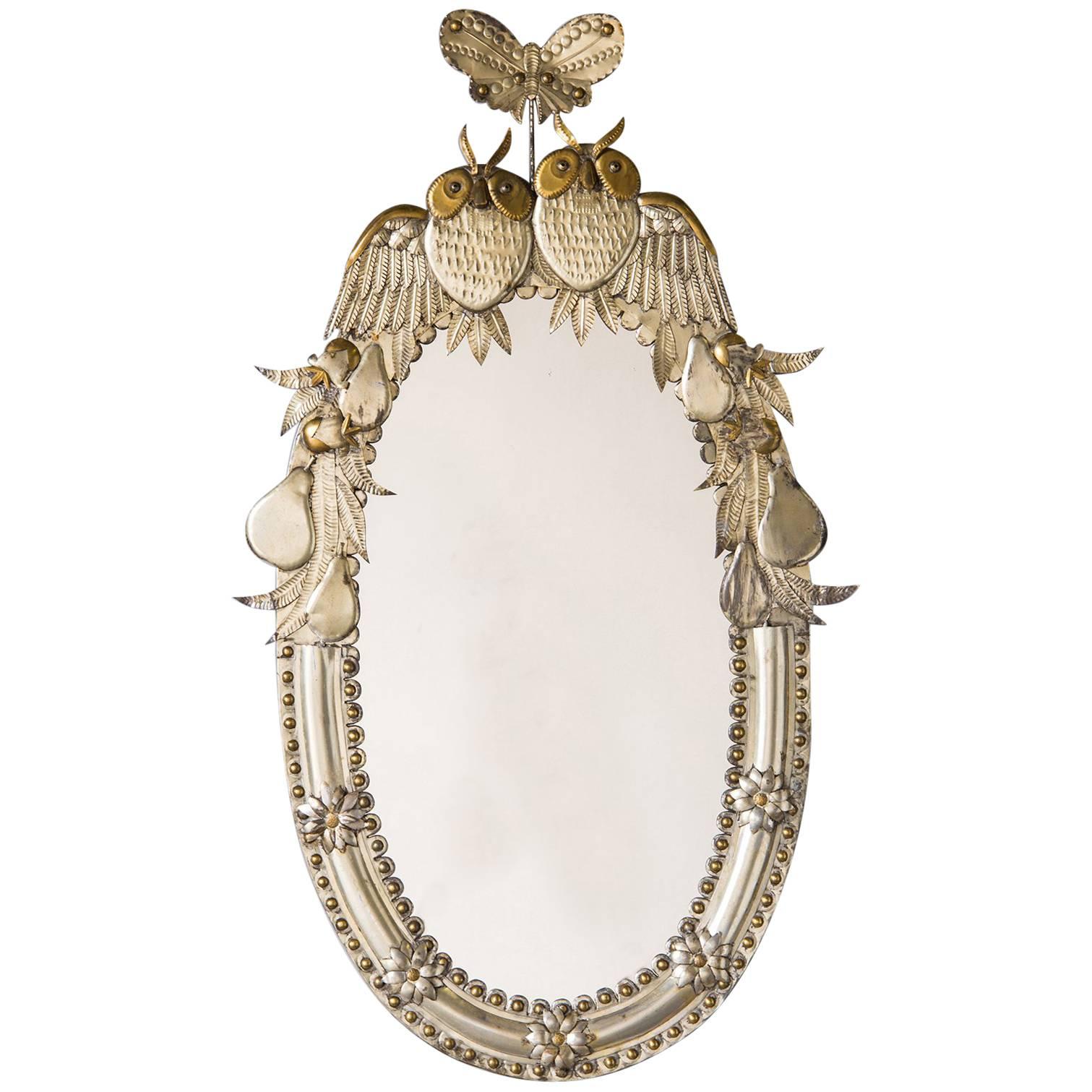 Handmade Oval Gilded Italian, Silvered Metal Mirror, Owls and Fruits, 1950